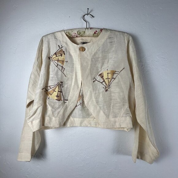 Vintage Blue Fish Ivory Hemp Silk Hand Printed Cropped Blazer Size 0 Lightweight - Picture 1 of 8